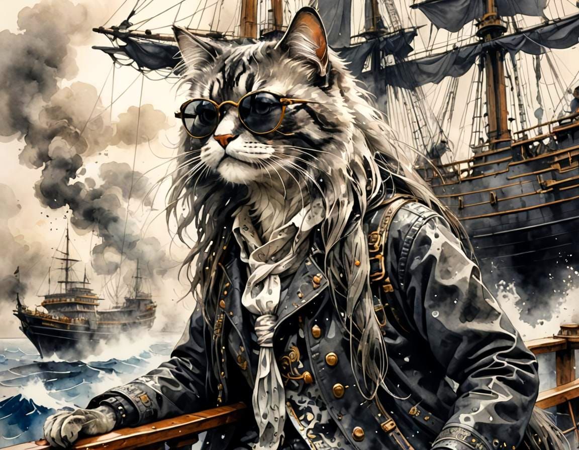 Cyberpunk Punk Pirate Kitty in Sumi-E Art Style