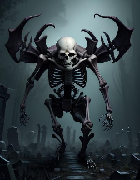 skeleton crawling out of it everywhere in graveyard backgrou...