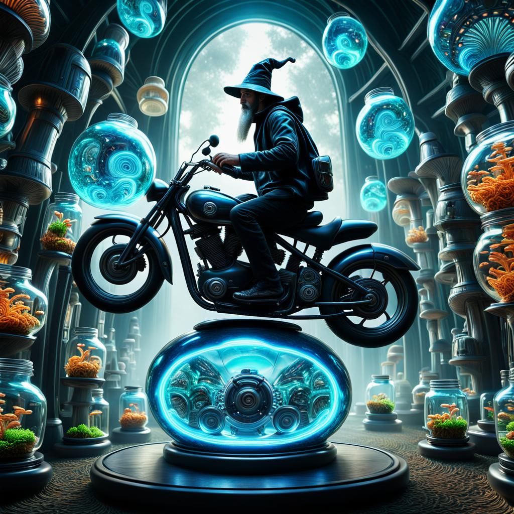Psychedelic Wizard Cruises Futuristic Motorcycles Through En...