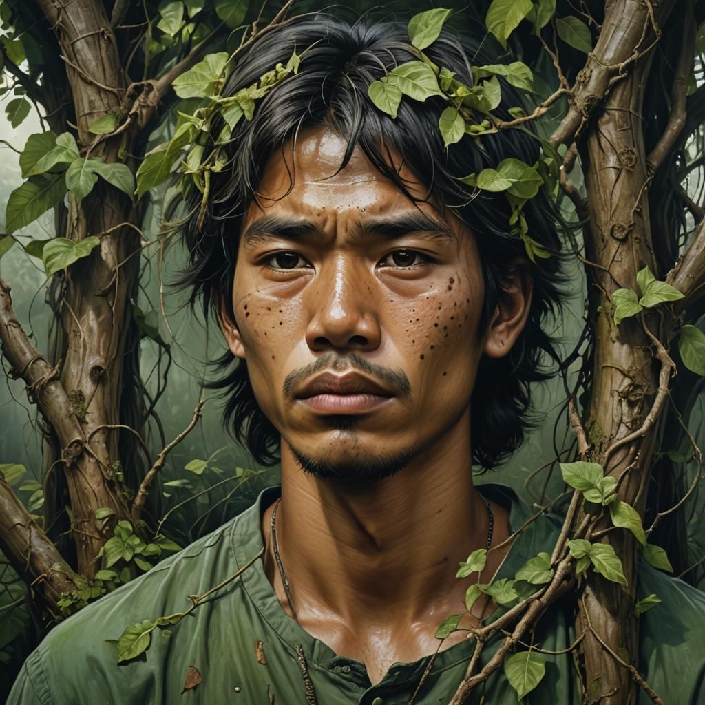 Hyperrealistic Filipino Man with Lush Green Skin and Eerie E...