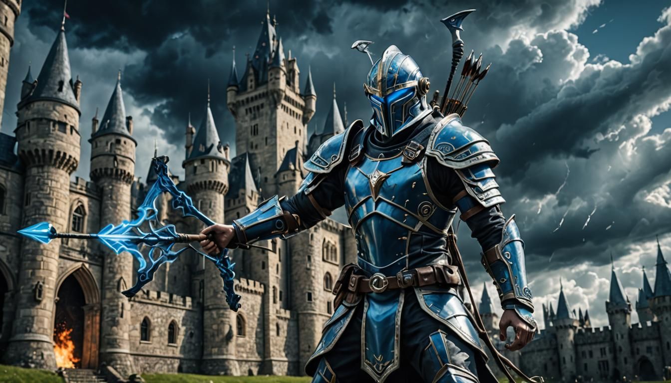 Armoured Archer Battles Futuristic Castle Under Dark Skies