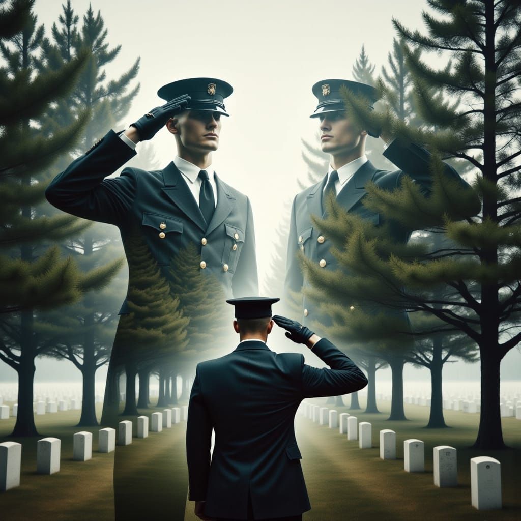 Soldier Saluting at National Cemetery in Double Exposure