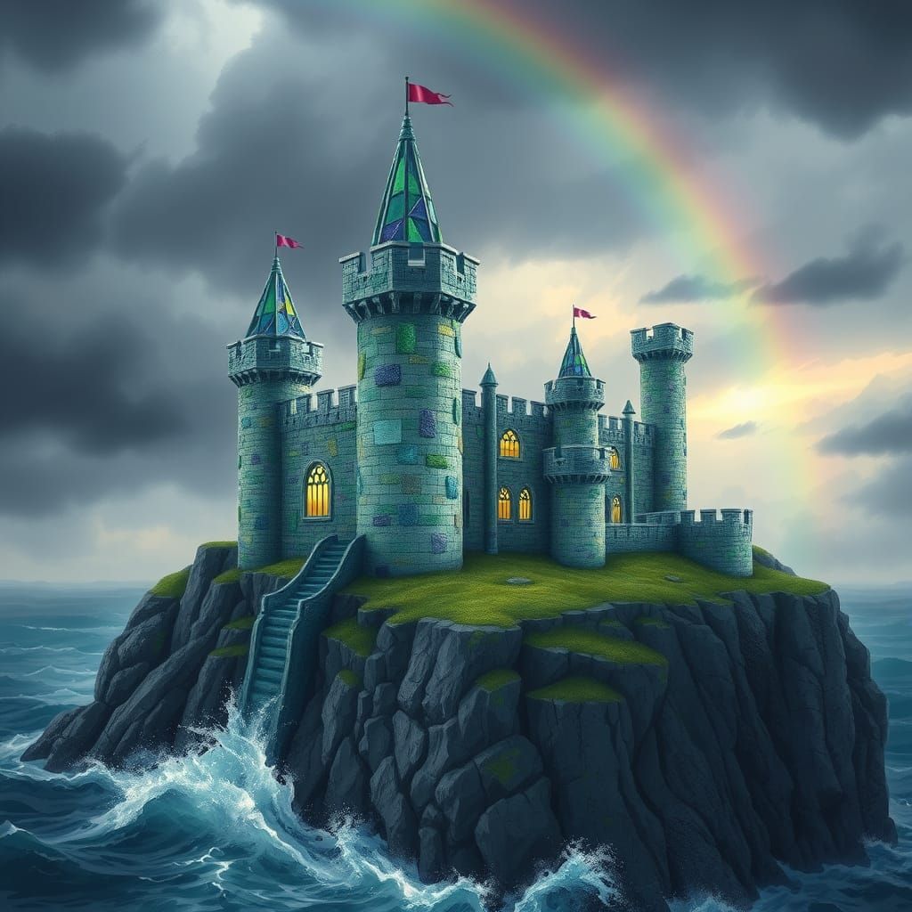 Majestic Sea Glass Castle on Stormy Coast