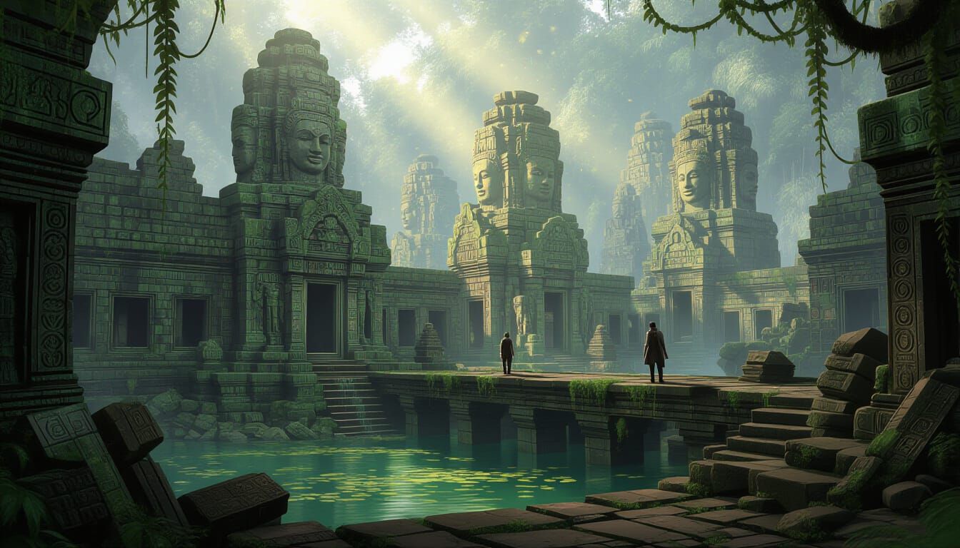 A forgotten city hidden deep within a mist-shrouded jungle, ...