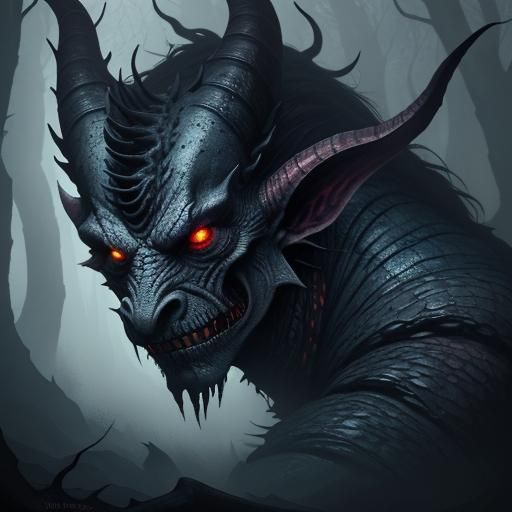 Grotesque Dark Fantasy Horned Creature in Haunting Ancient F...
