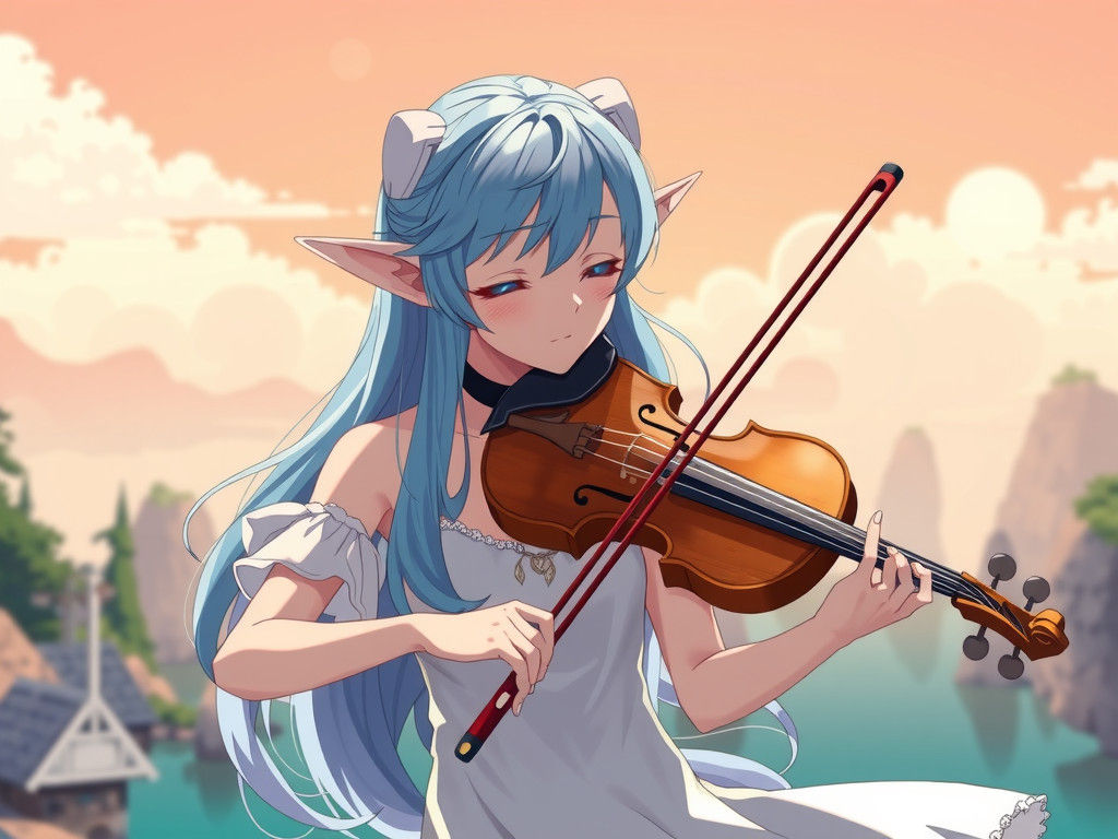 Anime-Inspired Elf Maiden Plucking a Violin in a Tropical Ar...