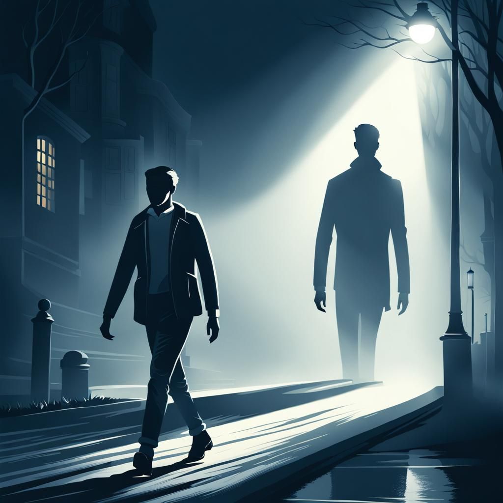 Determined Figure Confronts Ominous Shadow in Haunting Stree...