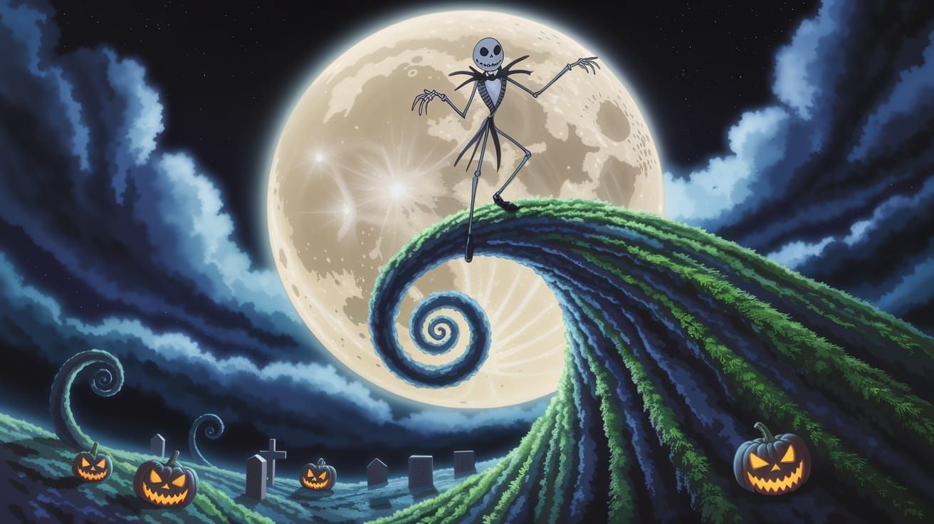 Jack Skellington on Cliff Edge in Tim Burton Style