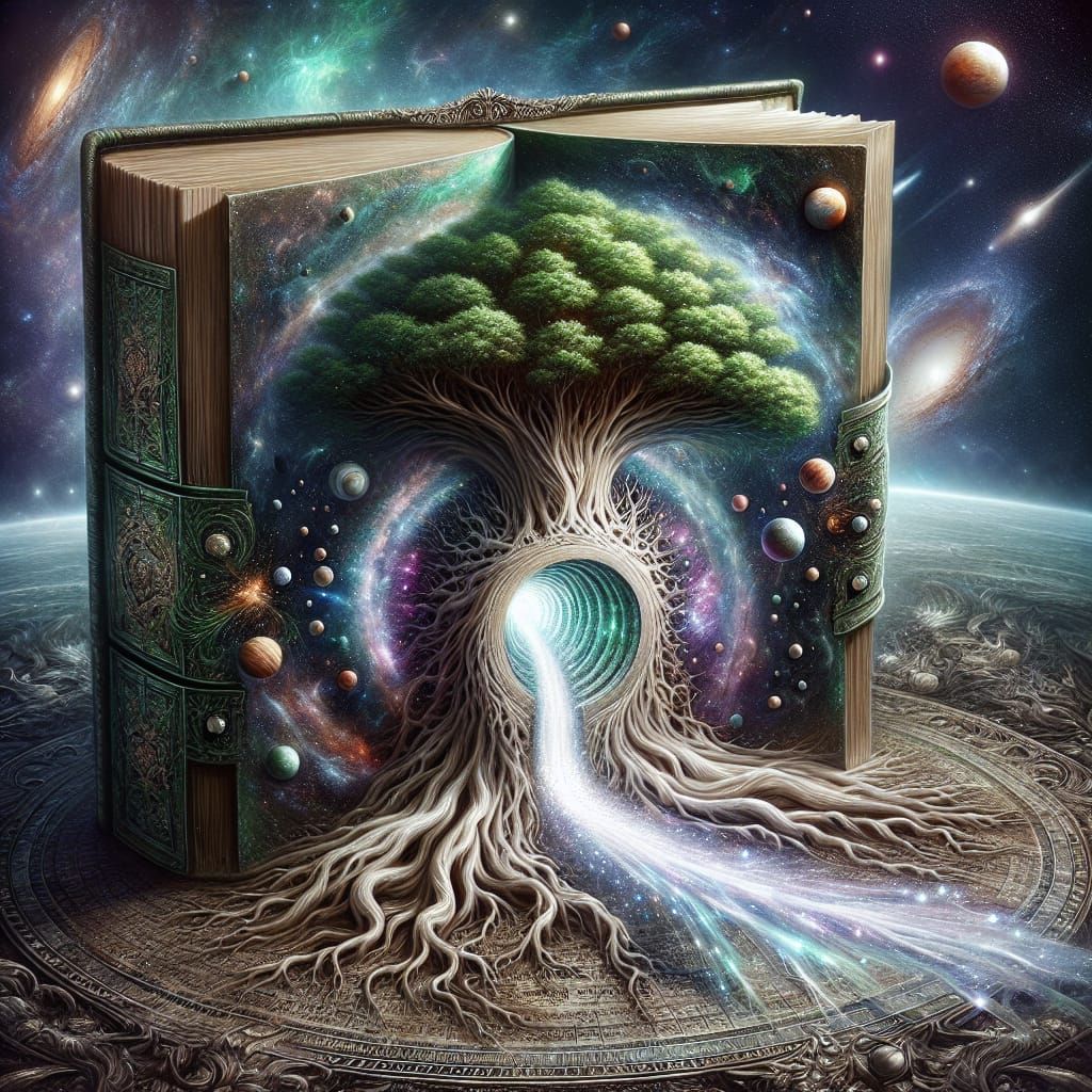 A large, ancient open book becomes a swirling circular portal of glowing threads, orbiting planets, and a radiant sun-li...