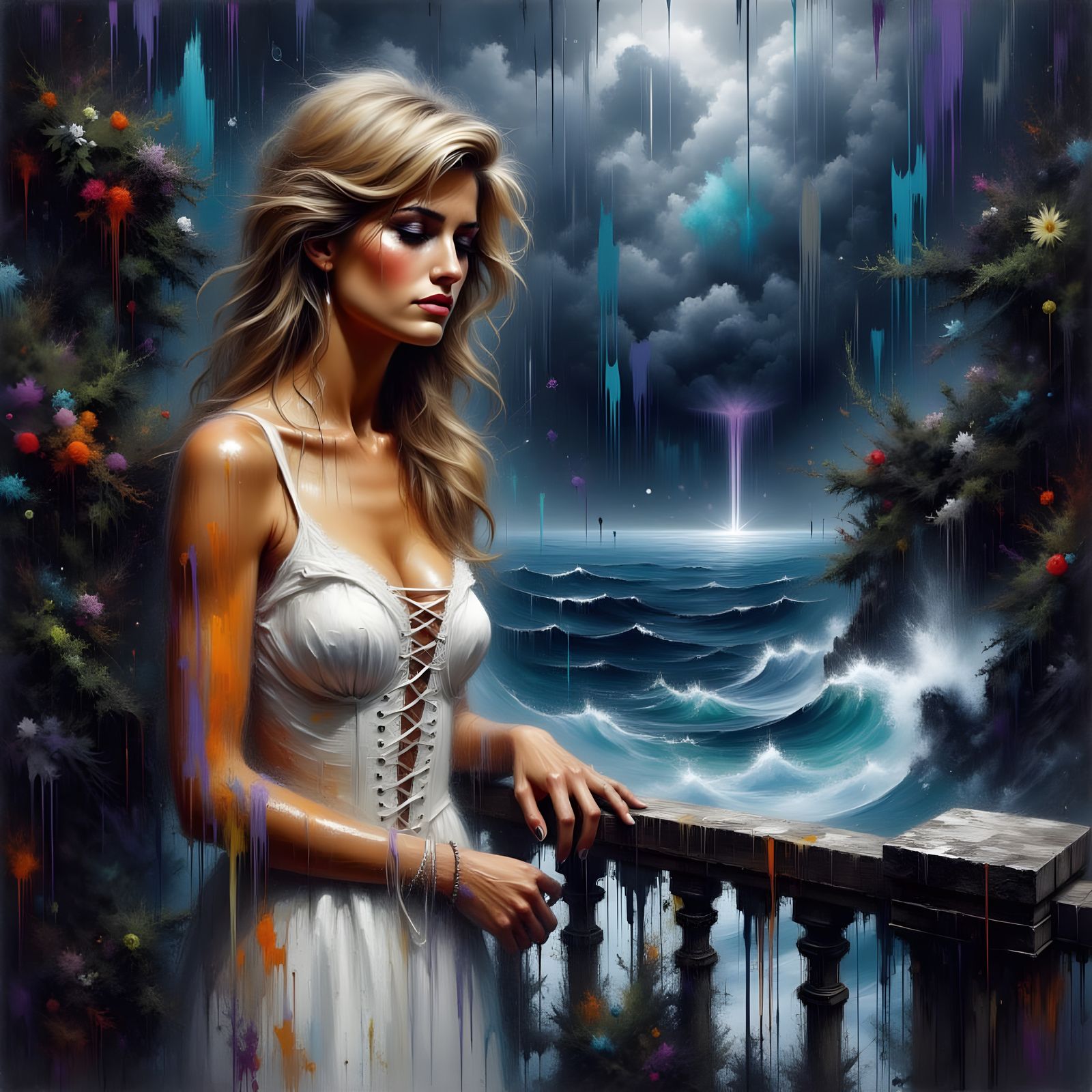 Melancholic Princess Diana in Stormy Oil Painting