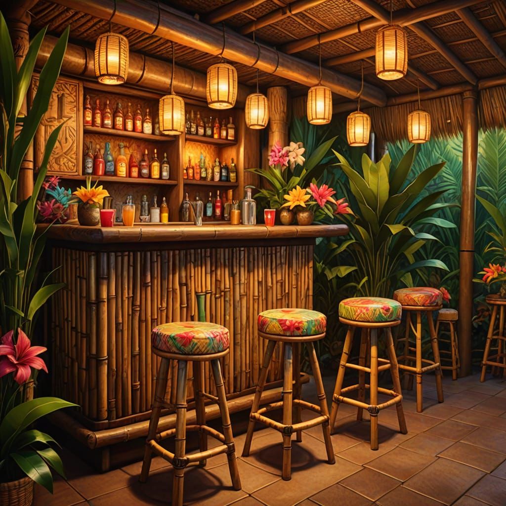 Cozy Tropical Oasis with Tiki Bar in Vibrant Oil Painting St...