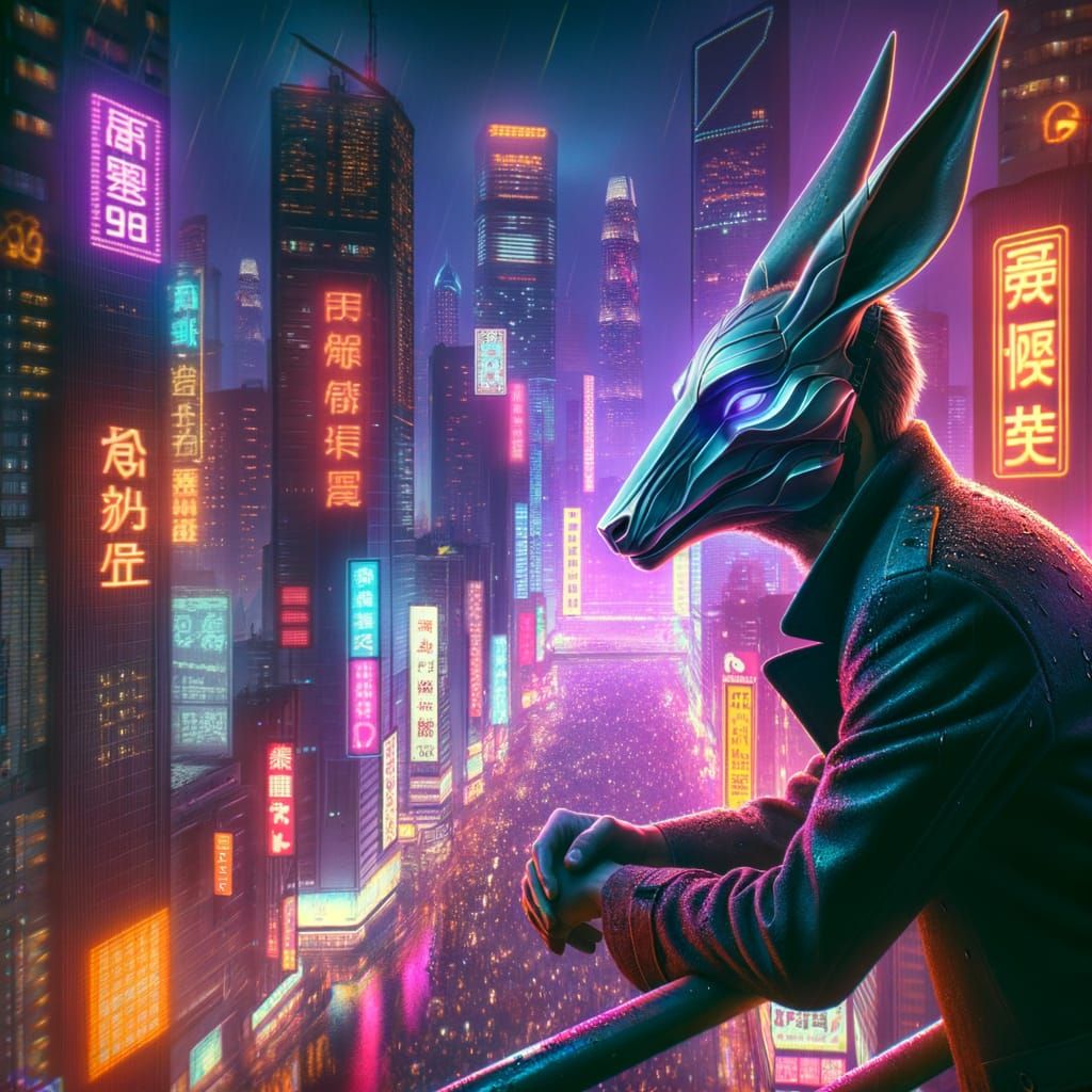 Cyberpunk Crime Lord Over Neon Cityscape