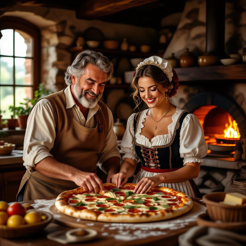 Italian Couple Baking Pizza in Cozy, Hyper-Realistic Setting
