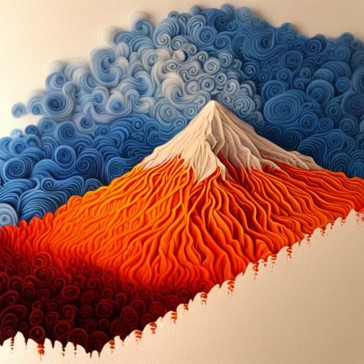 Portrain paper quilling airbrush quality 3D paper sculpture of a realistic exploding Mt. MAYON volcano, 64K, hyper-detai...