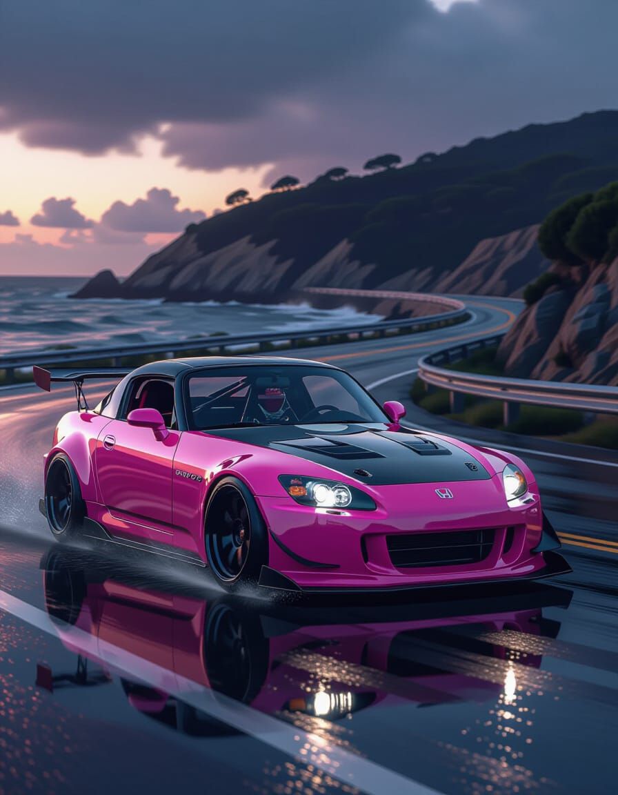 Vibrant Pink Honda S2000 Speeds on Coastal Road