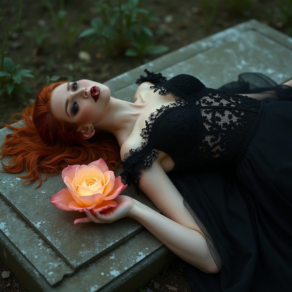 redhead woman in black tombstone