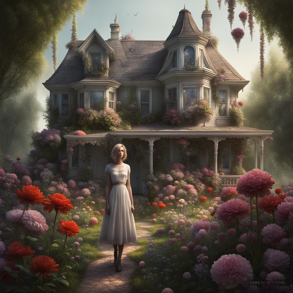Anthropomorphic House Goddess in Serene Floral Oasis
