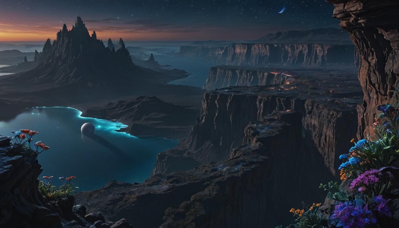 Gas Giant Moonlit Landscape with Bioluminescent Plants in Hy...