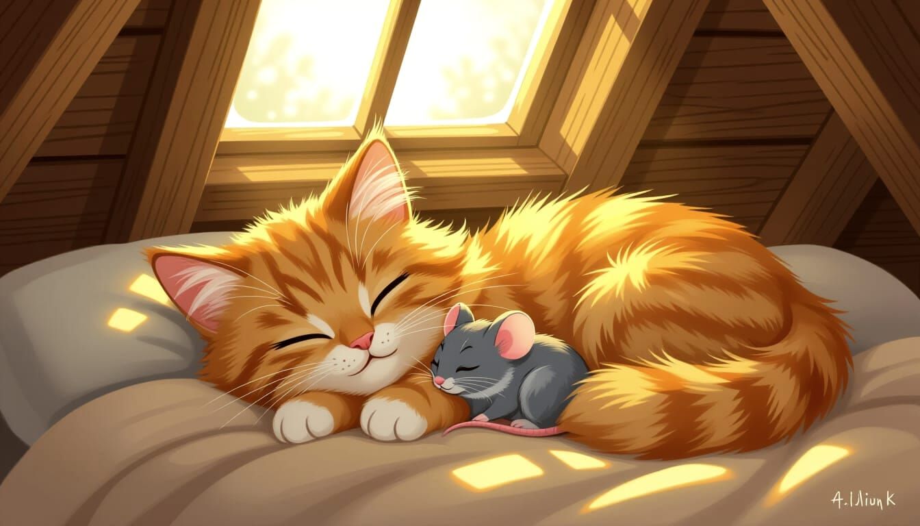 Cute Cartoon Cat Sleeping Beside Mouse in House