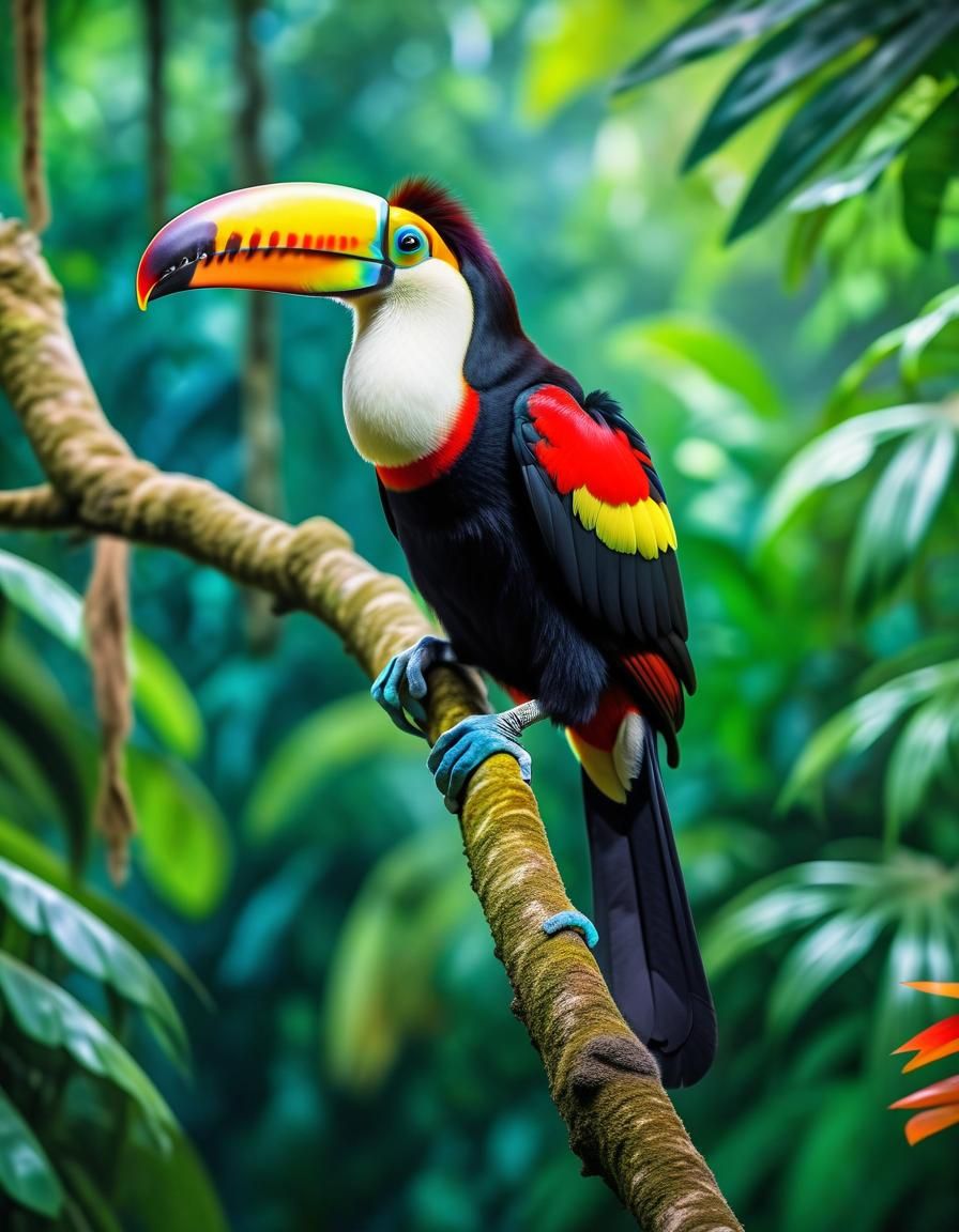 Vibrant Toucan Perched in Exotic Rainforest with Hiding Monk...