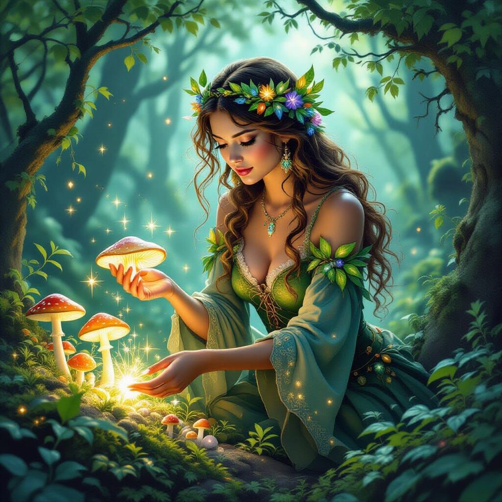 Enchanted Rootmonger Harvesting Magical Herbs in Forest