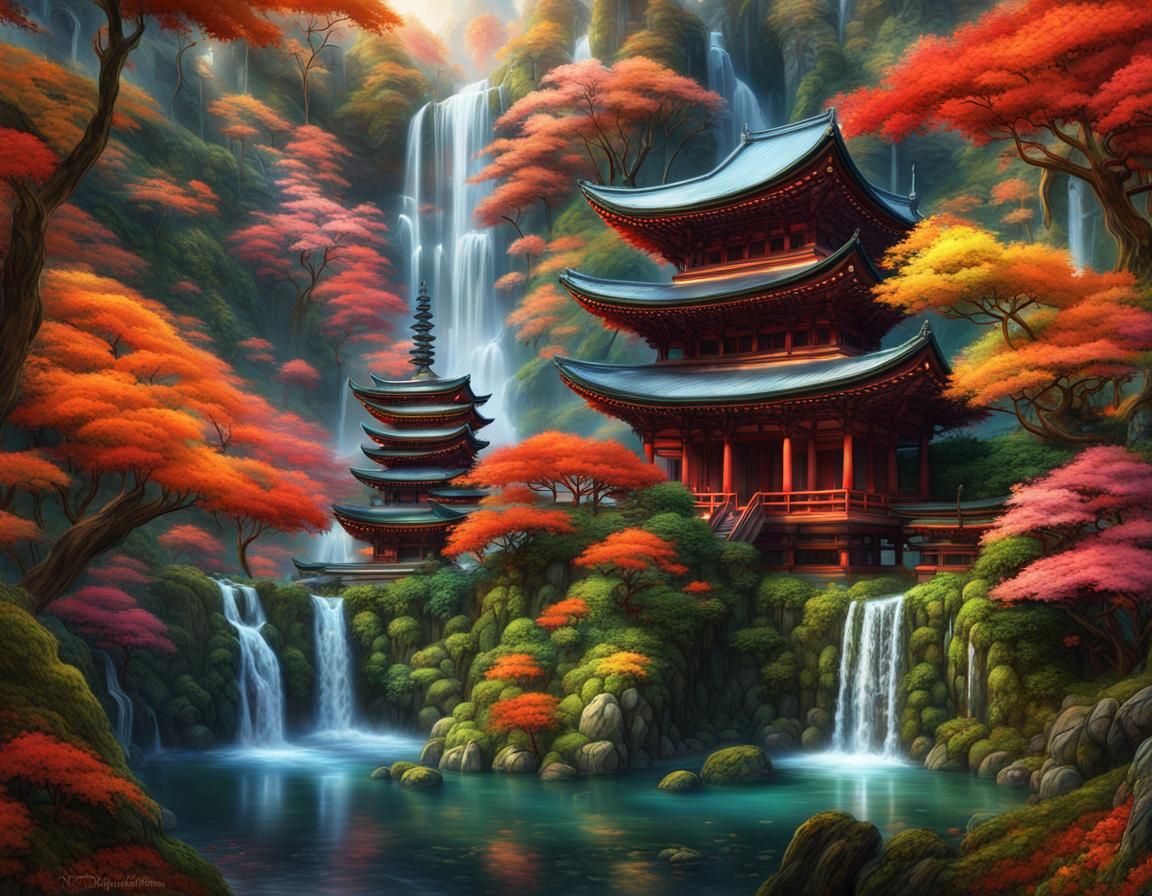 Surreal Japanese Landscape with Blooming Peonies and Illumin...