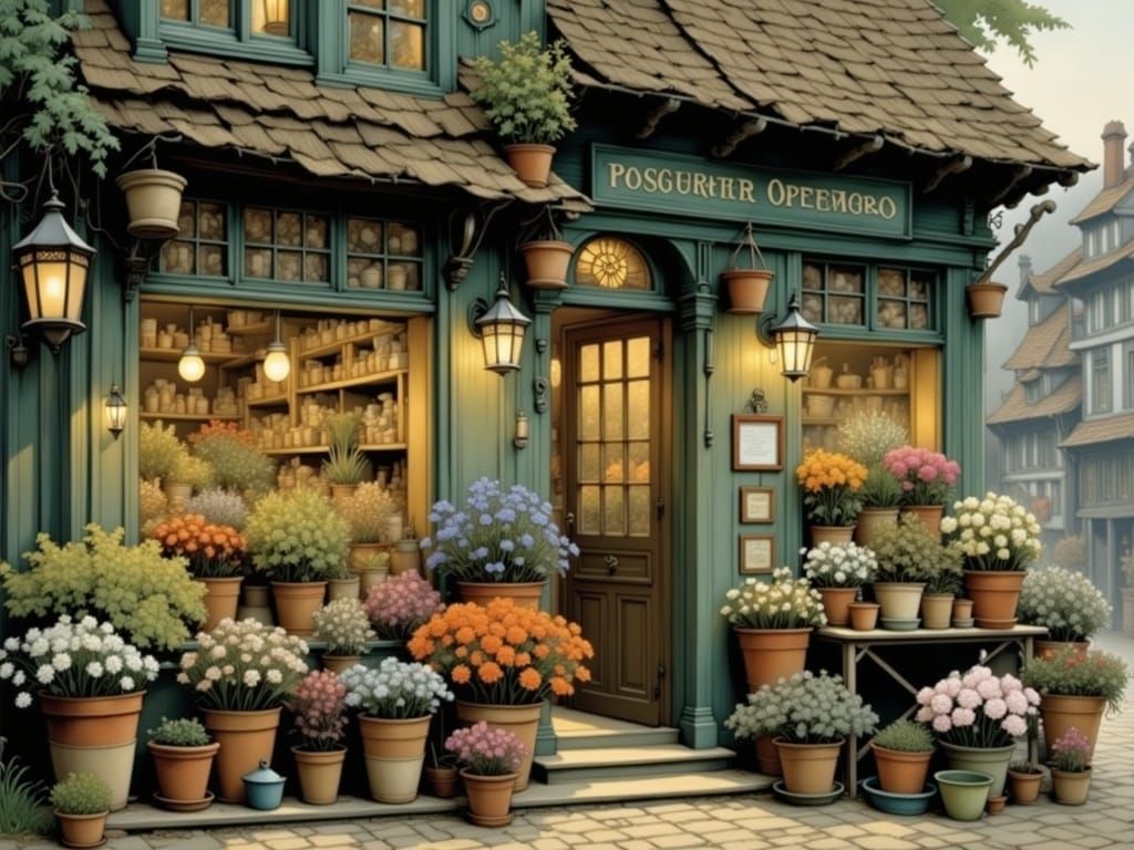 Whimsical Evening Florist Scene in Vintage Warmth