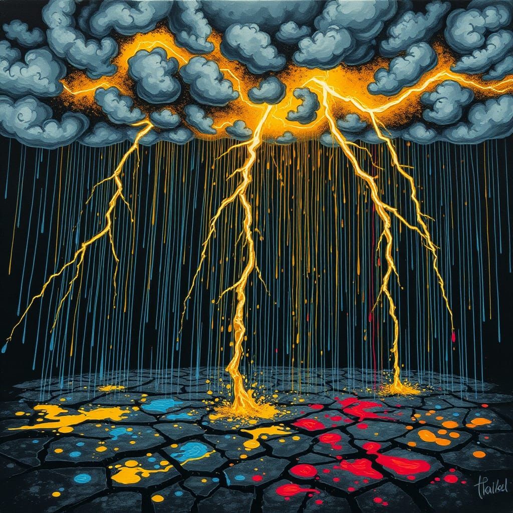 Dramatic Thunderstorm in Vibrant Colors, Inspired by Japanes...