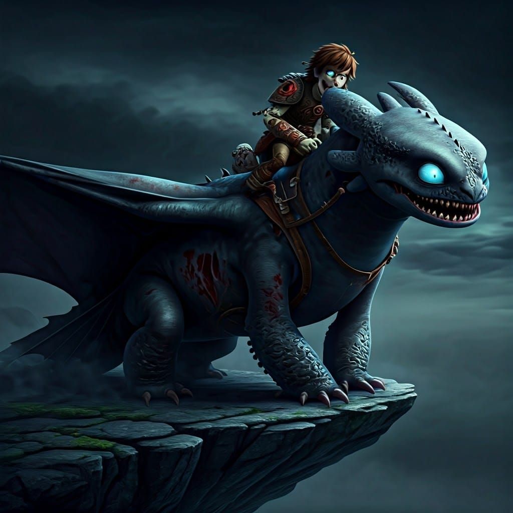 Zombie Hiccup Rides Zombie Toothless in Moonlight