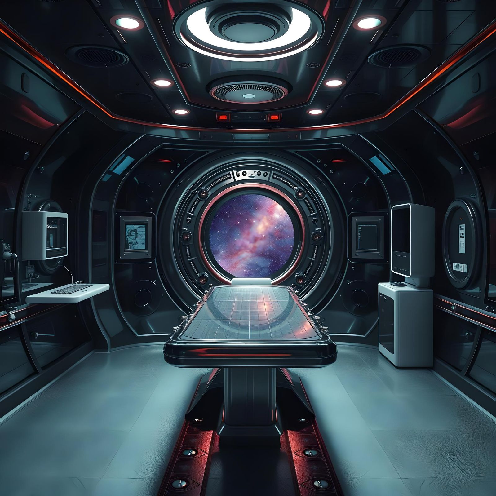 Surreal Spacecraft Examination Chamber in Cosmic Metallic Hu...