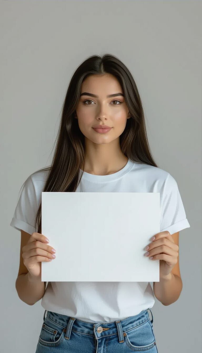 Photorealistic Studio Portrait of Woman Holding Sign