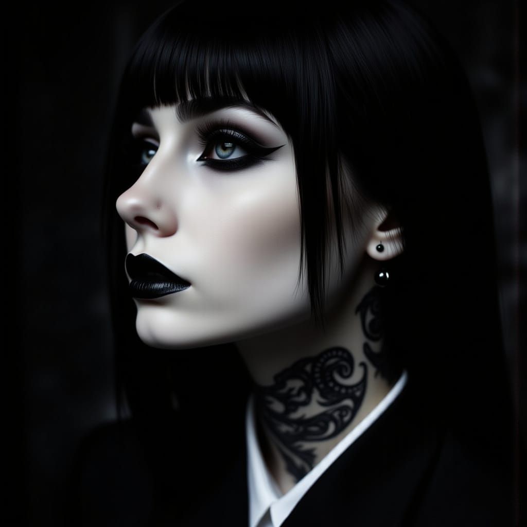 Gothic Woman with Dark Makeup and Neck Tattoo