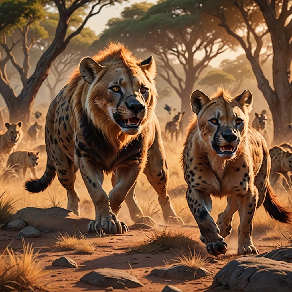 Savannah Sunset Showdown: Nala vs Hyena in Lion King-Inspire...