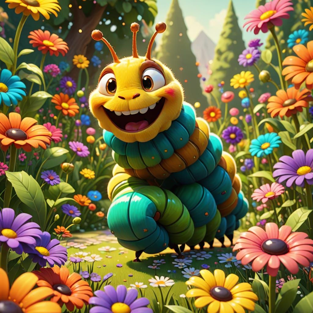 Joyful Caterpillar in Whimsical Cartoon Garden