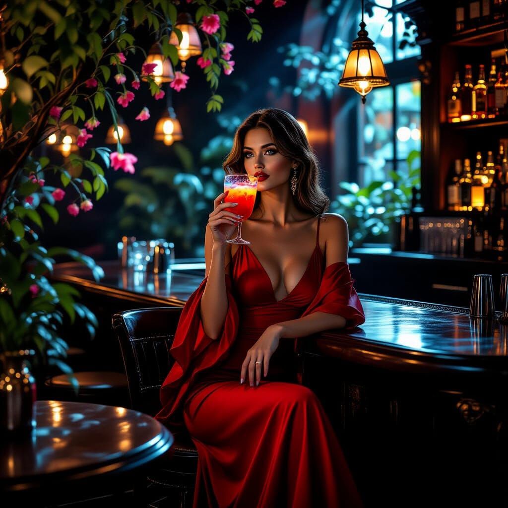 A tall woman, wearing a red dress, gracefully sitting at the...