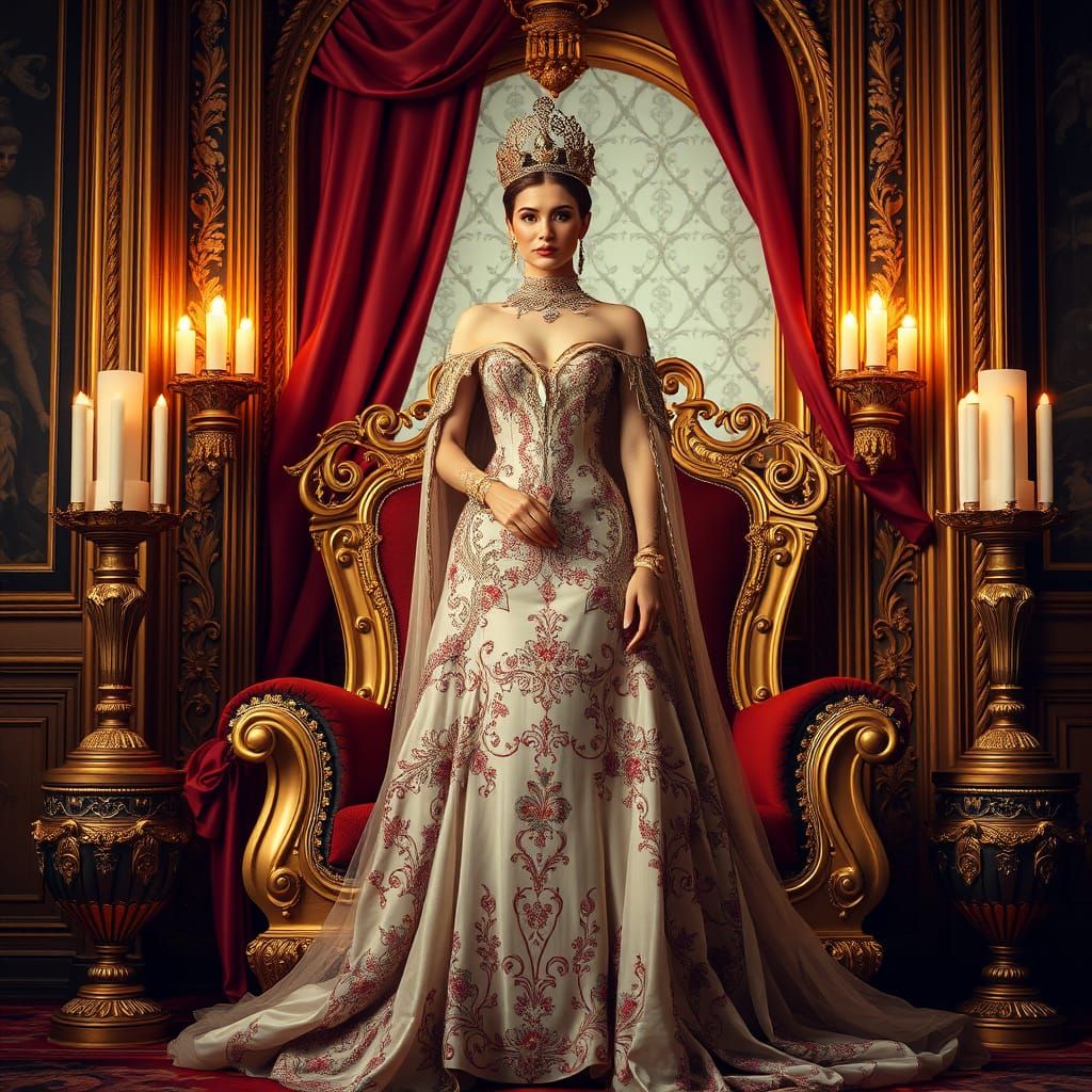 Ethereal Medieval Queen in Lavish Throne Room