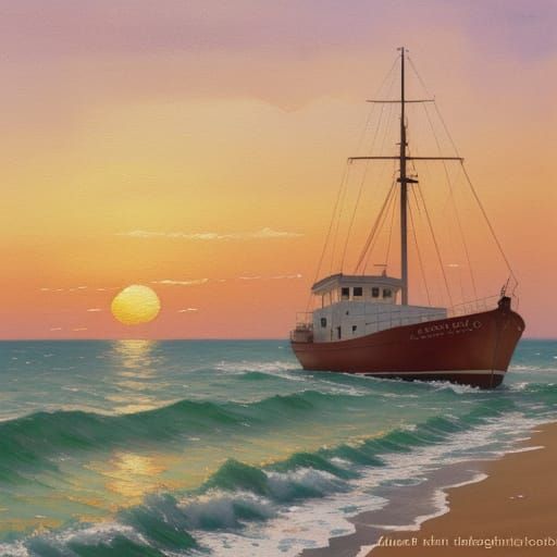 Sunset Trawler in Harbor: Watercolor Impressionism