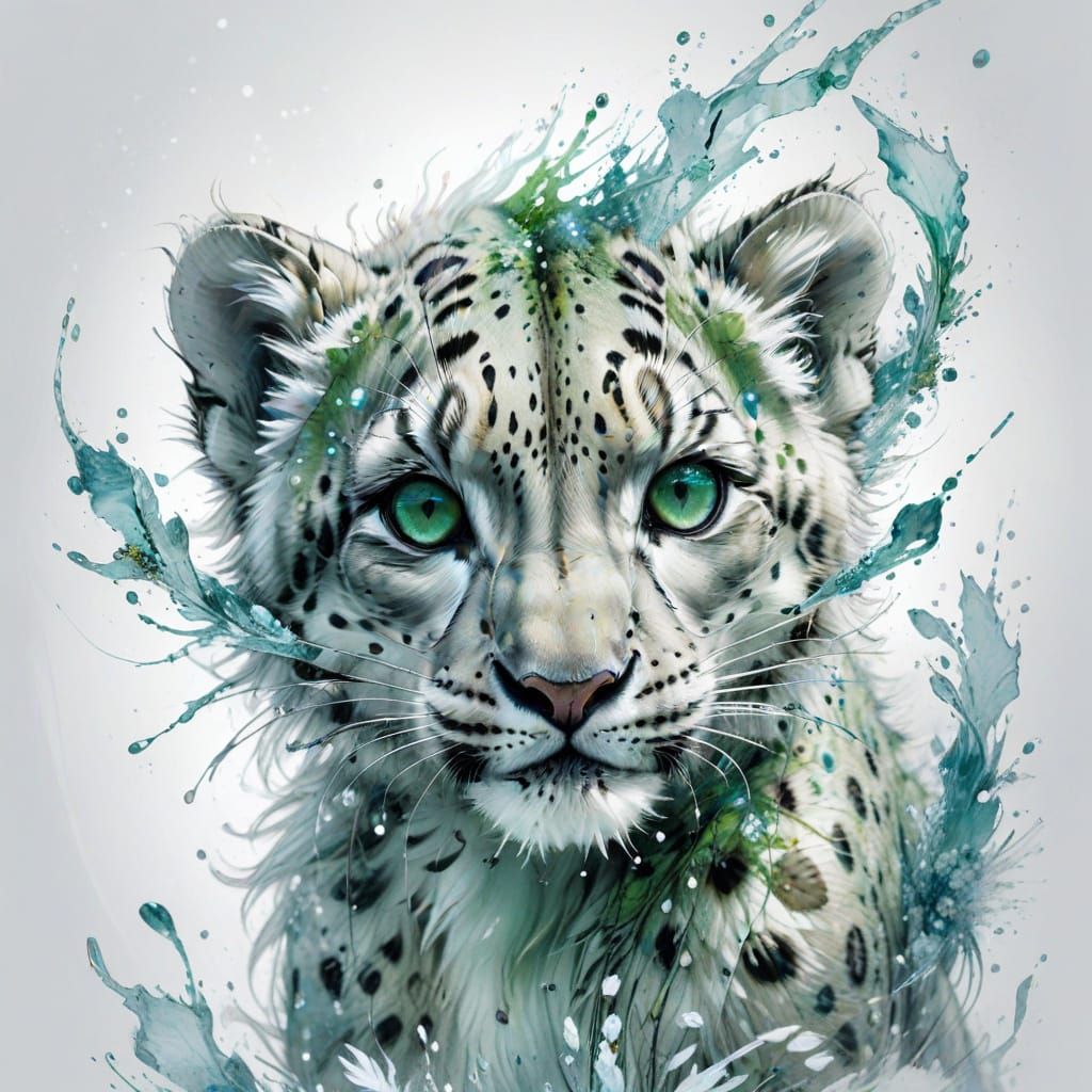 Surreal Snow Leopard Cub Plays in Ethereal Winter Wonderland