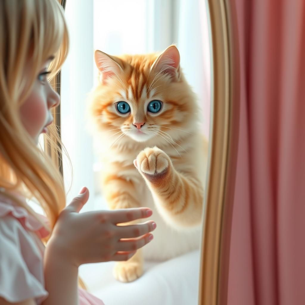 Girl and Cat Mirror Image in 3D Anime Style