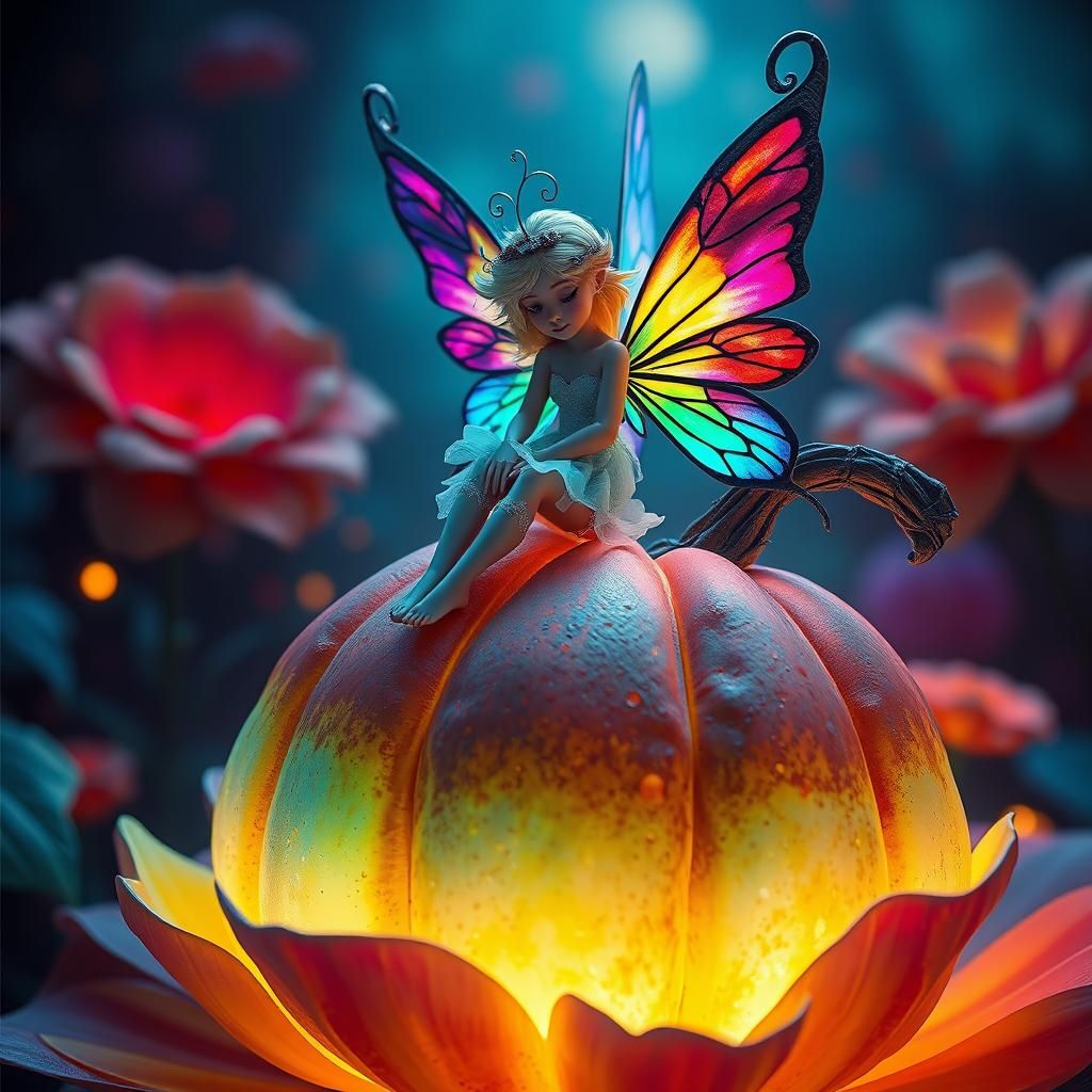Surreal Whimsical Fairy in Vibrant Bioluminescent Gourd Scen...