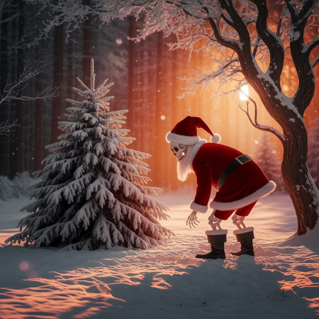 Skeletal Santa Urinates on Tree in Amber Sunset