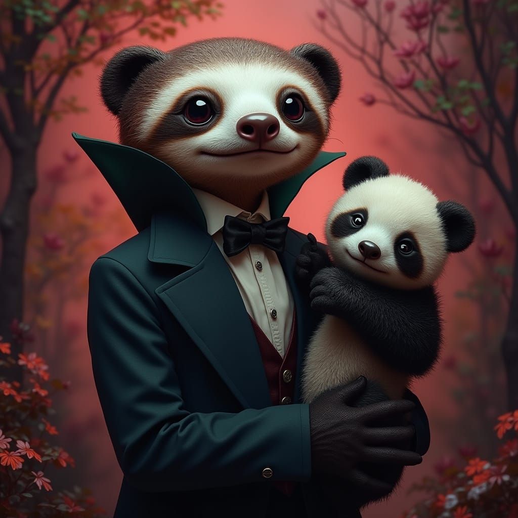 Victorian Sloth and Panda in Hyperrealistic Style