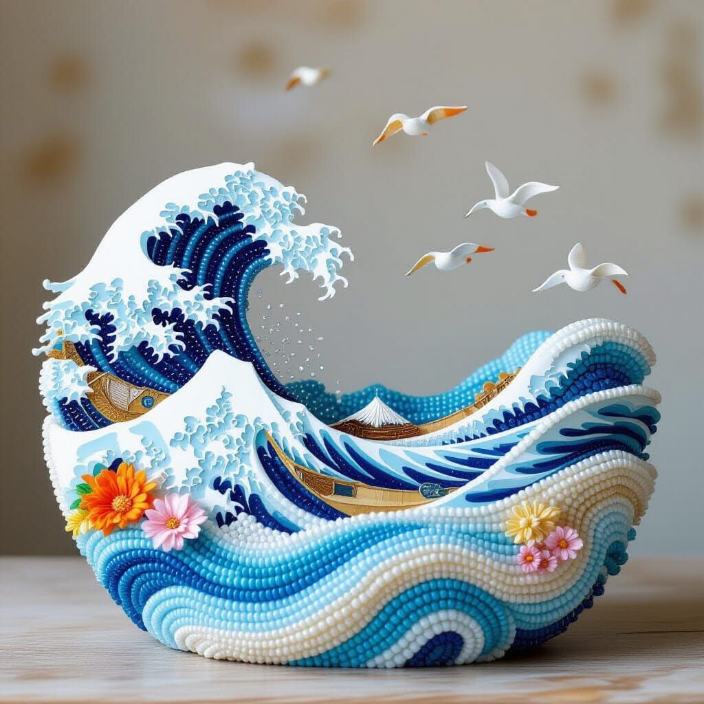 Beaded Seaside Scene Sculpture: Tactile Ocean Art