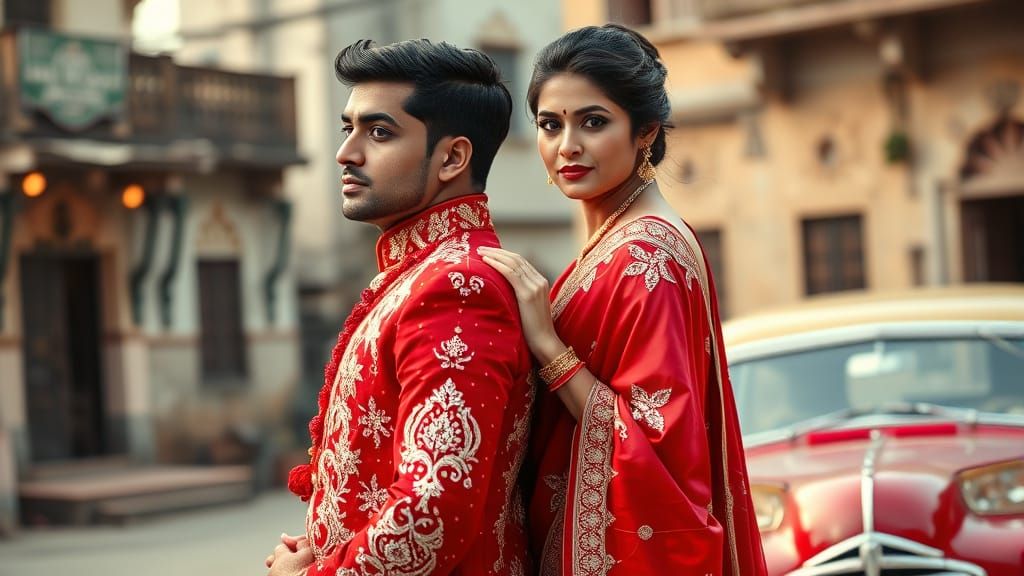 South Asian Couple in Traditional Dress, Ultra-Realistic Lig...