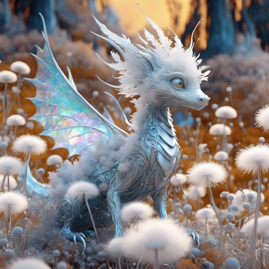 Whimsical Dragon Amidst Iridescent Dandelions in Art Nouveau...