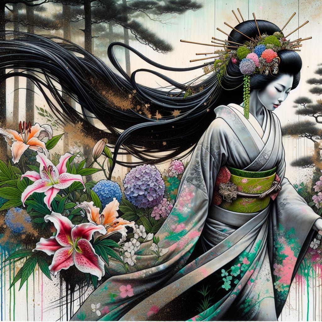 The image is of a Japanese Mother Nature.  She has long black hair with a Cherry Blossom crown and Tsubaki flowers and S...