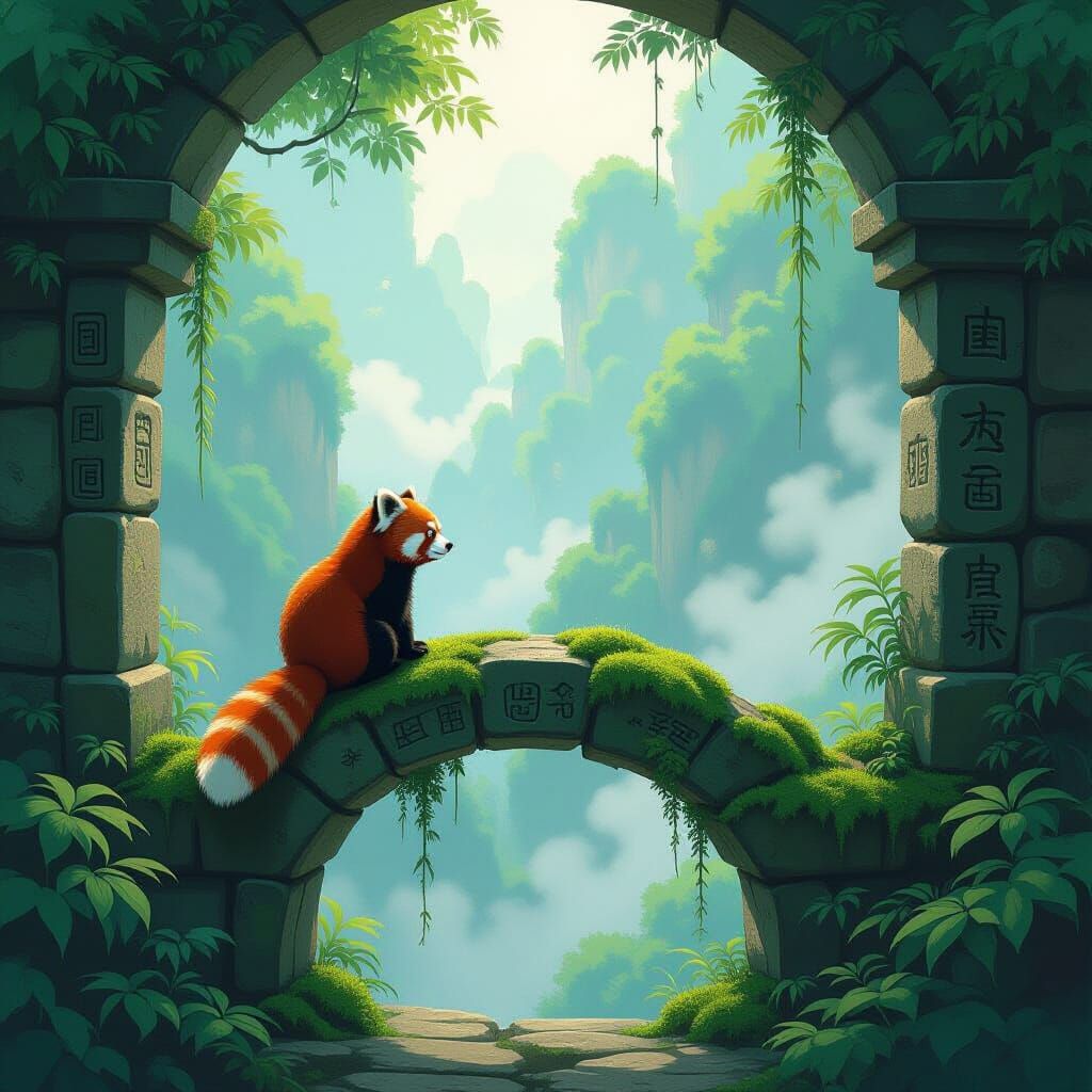 Red Panda on Ancient Archway in Misty Jungle Valley