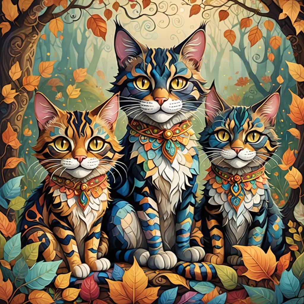 Enchanting Whimsy: Feline Friends in Dreamlike Landscape