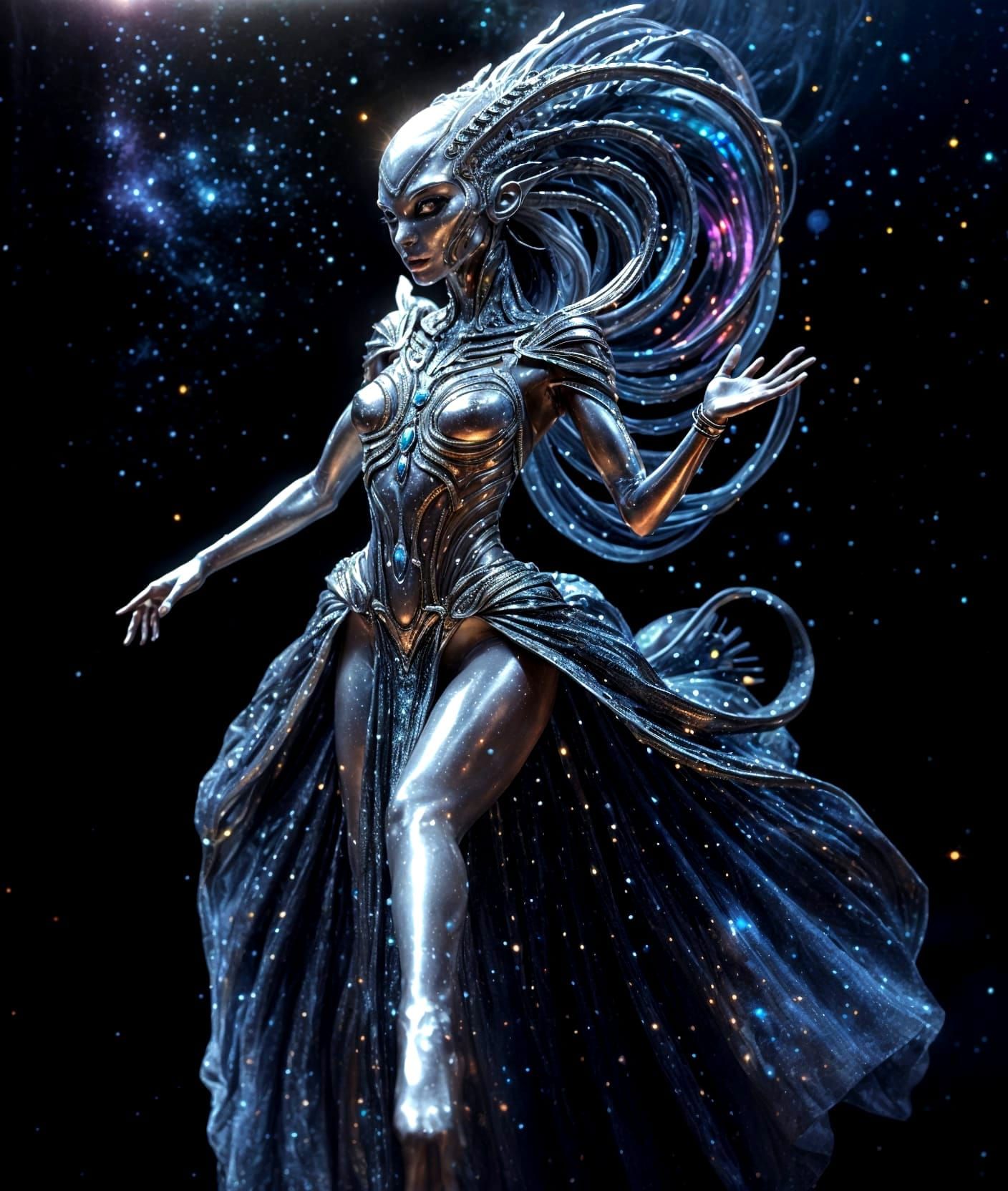Alien Showgirl Dances on Cosmic Stage