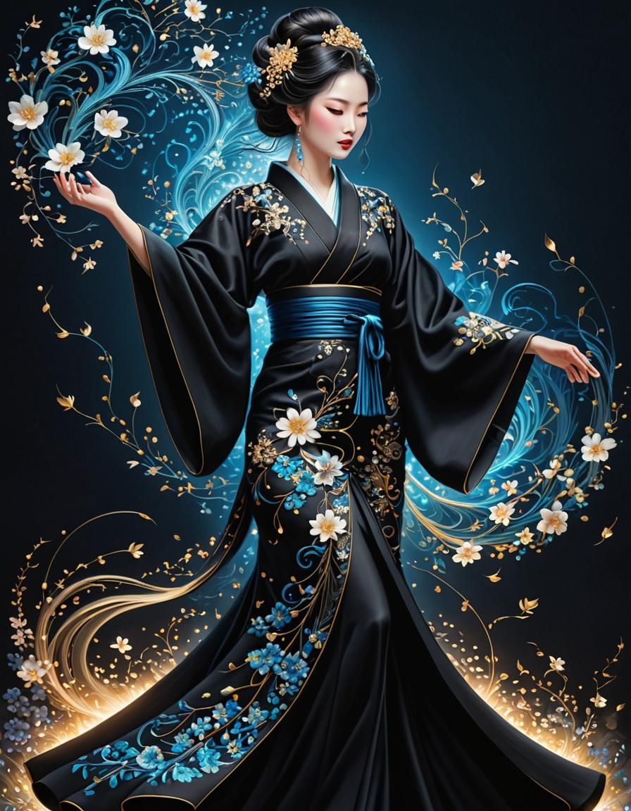 Elegant Kimono-clad Dancer in a Whirlwind of Magic
